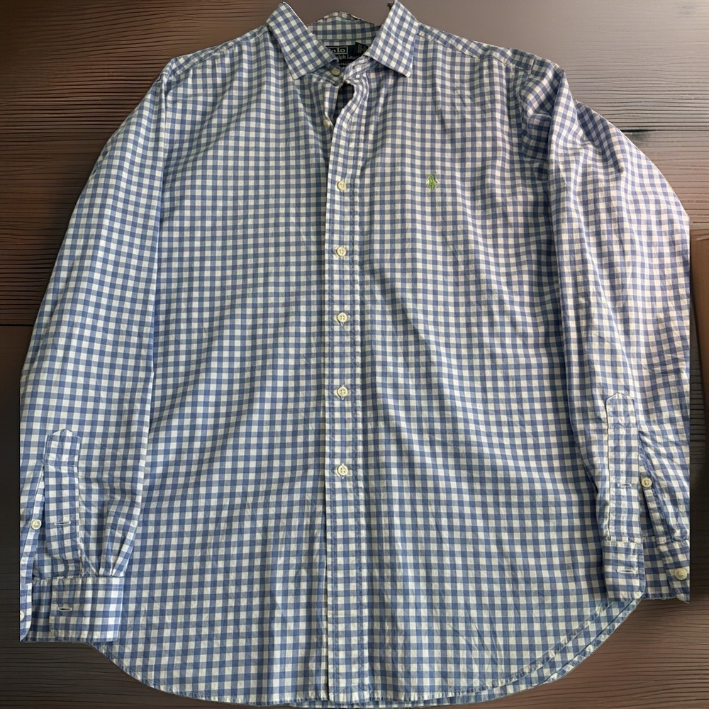 Polo Ralph Lauren Mens XL Blue White Check Green Pony Button-Down Shirt